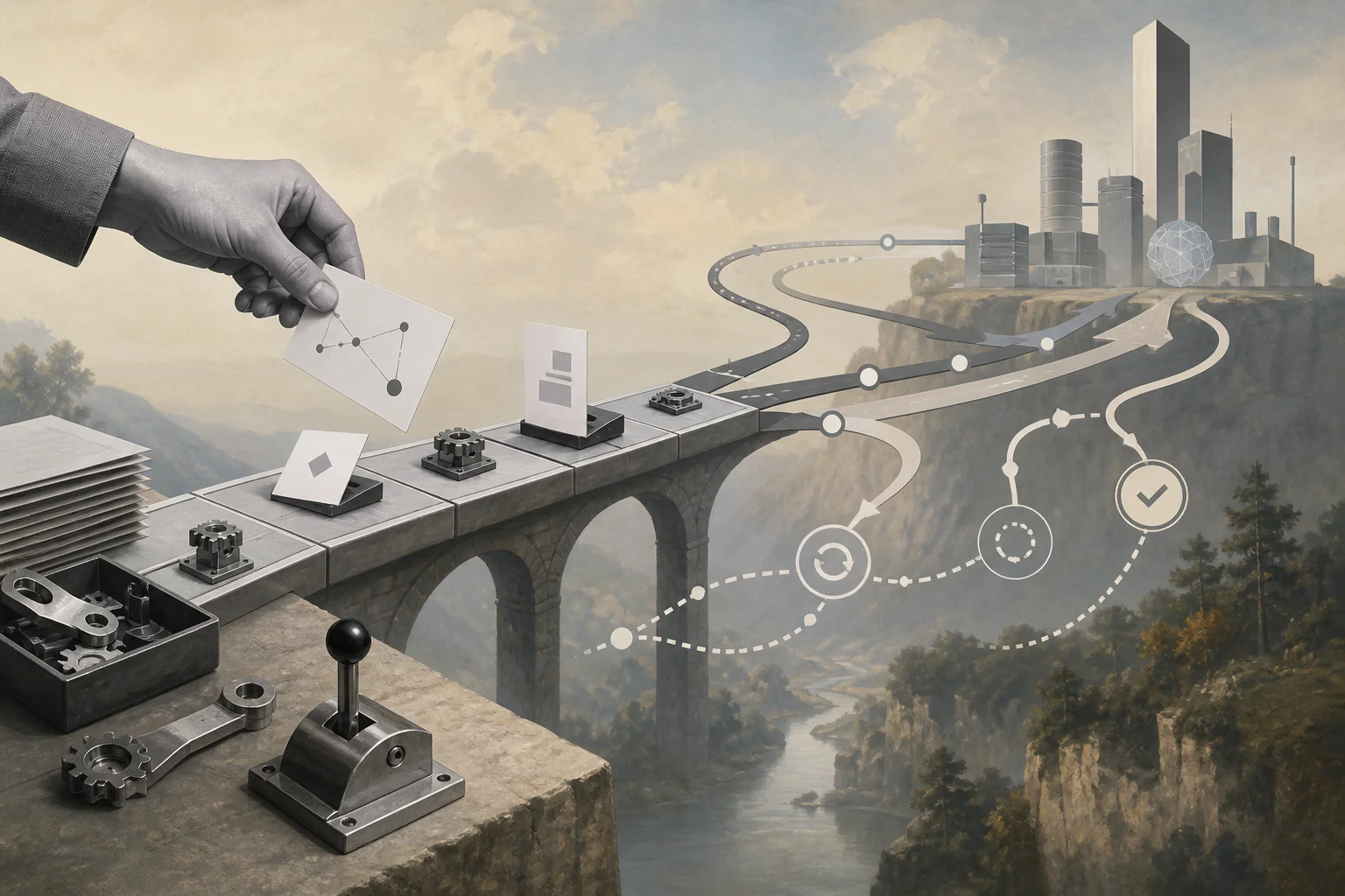 Surreal editorial collage showing AI workflow rollback paths before production systems