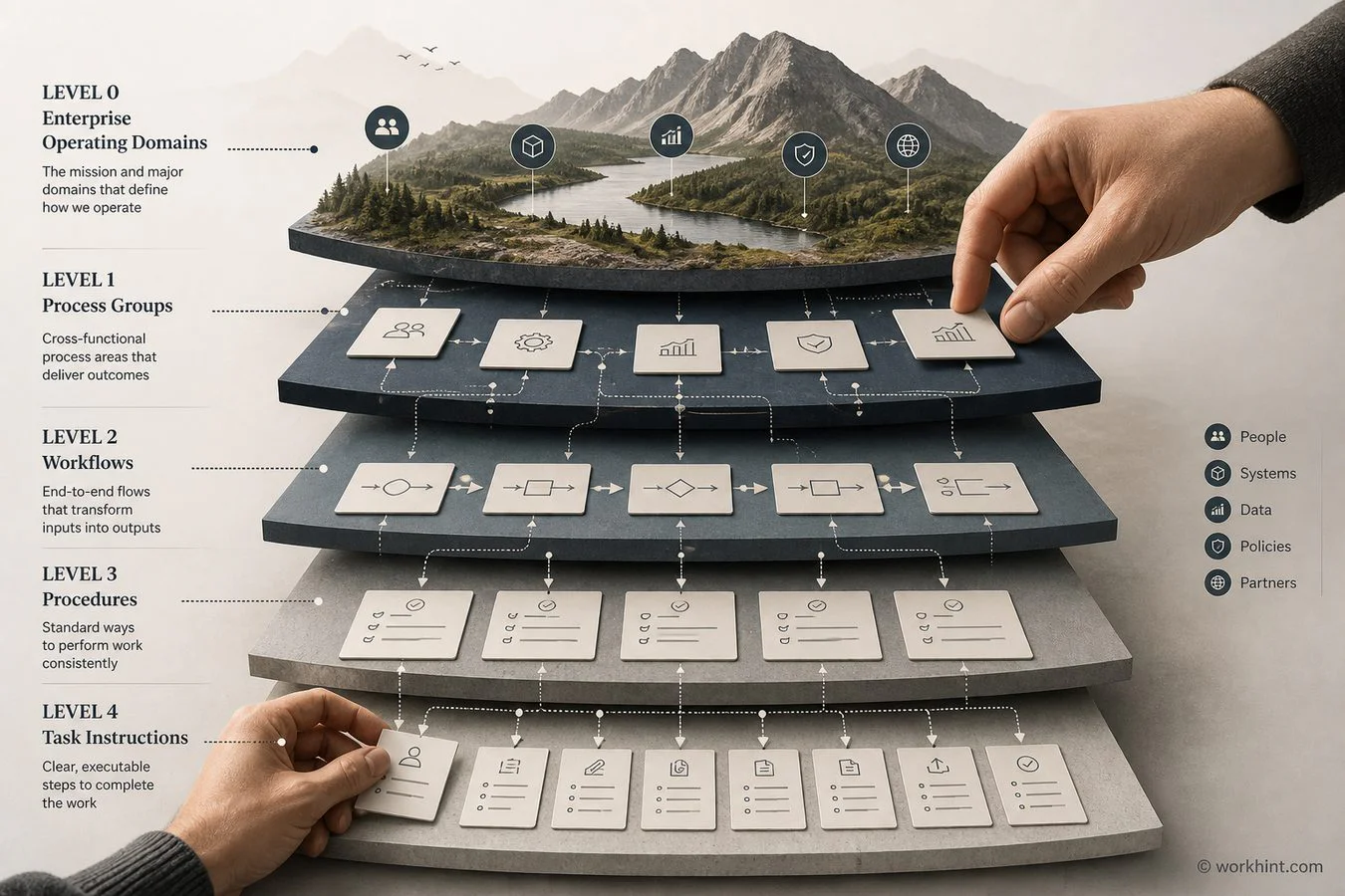 Layered visual showing business process hierarchy levels from operating domains to task instructions