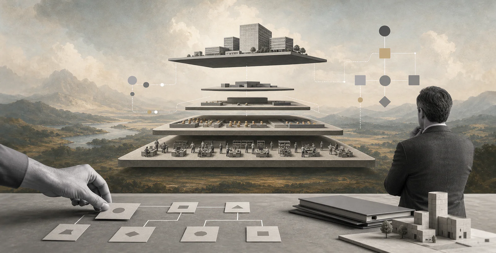 Surreal editorial collage representing a business process hierarchy for operations teams