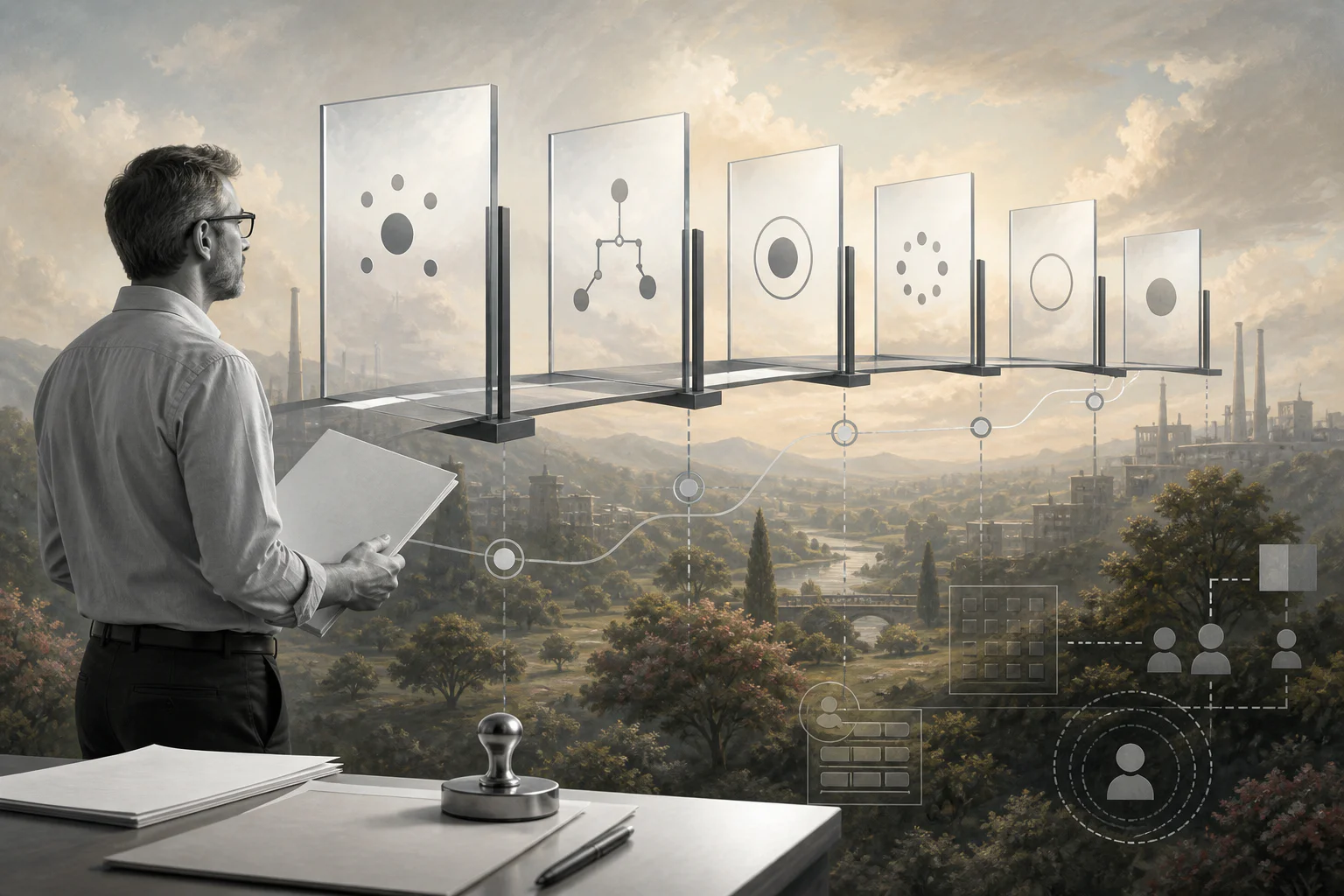 Surreal editorial collage showing a business operations change moving through controlled workflow gates