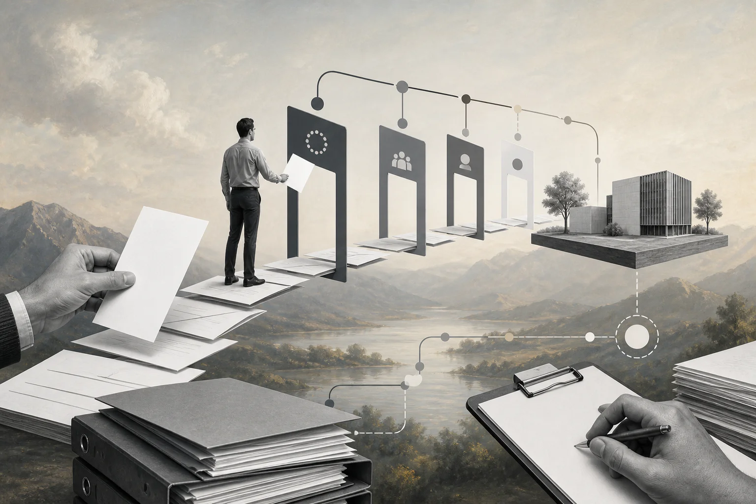 Surreal editorial collage representing a structured change request review workflow