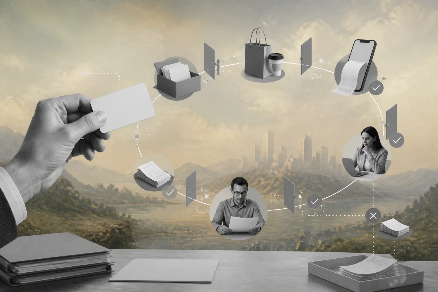 Surreal editorial collage representing company credit card policy controls
