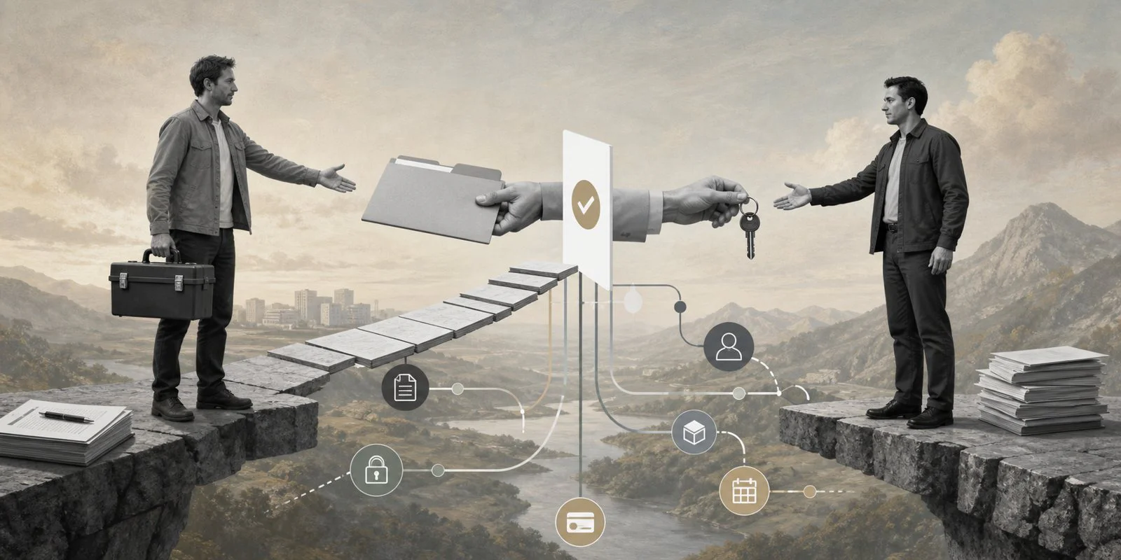 Surreal editorial collage representing a contractor substitution process workflow