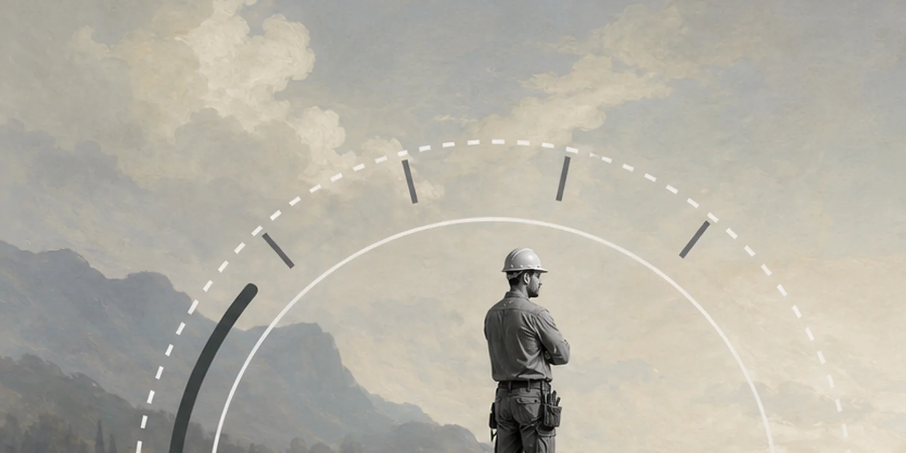 Surreal editorial image of a contractor standing beneath a capacity gauge