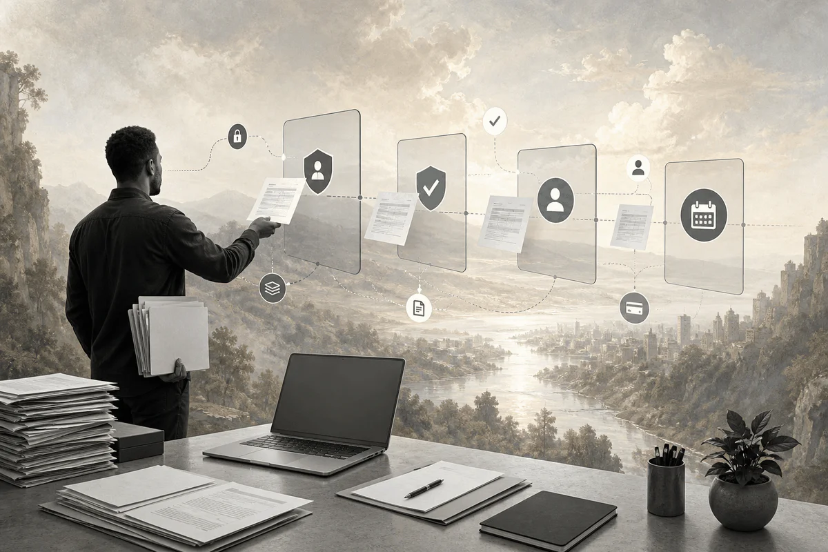 Surreal editorial collage about launching a credit repair business with compliant workflows