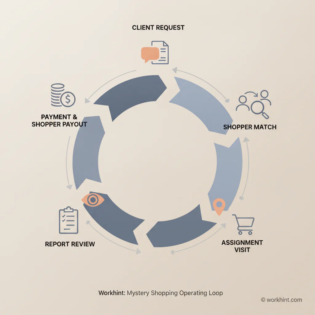 Mystery shopping operating loop from client request to shopper payout