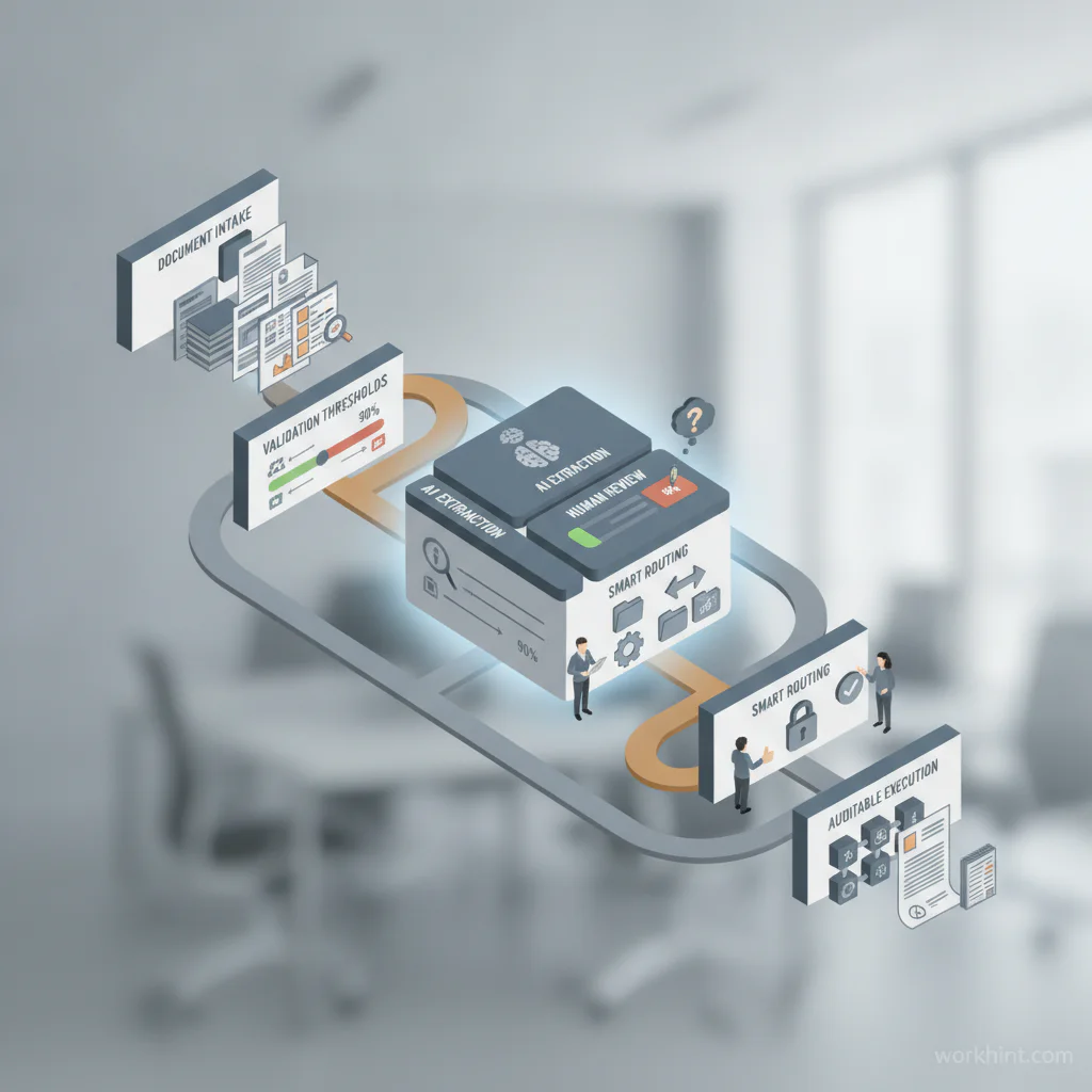 AI document processing workflow from intake to validation, review, routing, and audit
