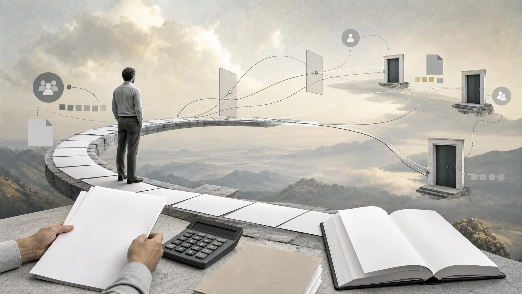 Surreal editorial collage about days payable outstanding for finance teams