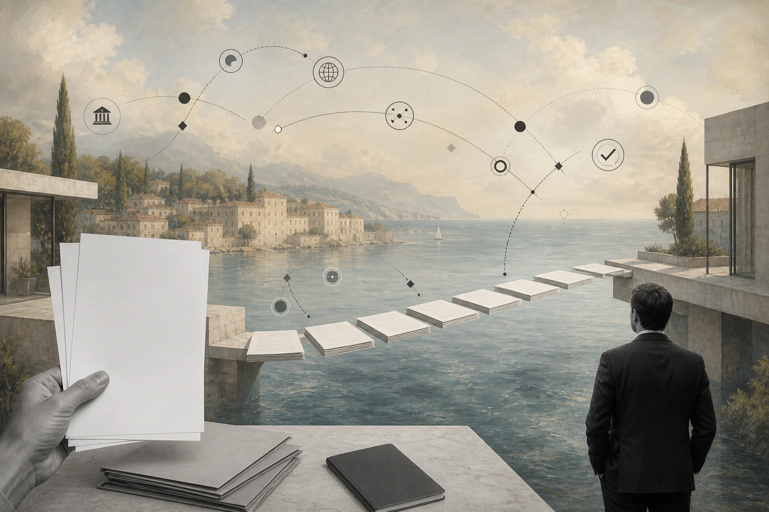 Surreal editorial collage for paying contractors in Spain