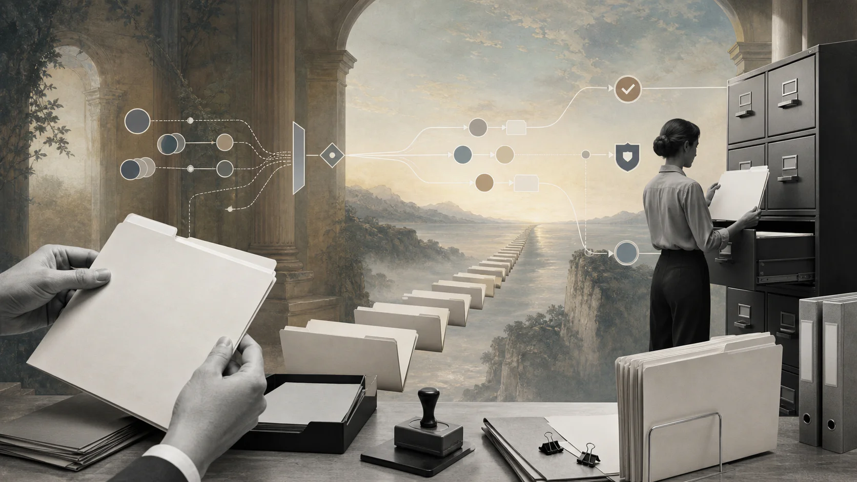 Surreal editorial collage for vendor master data management