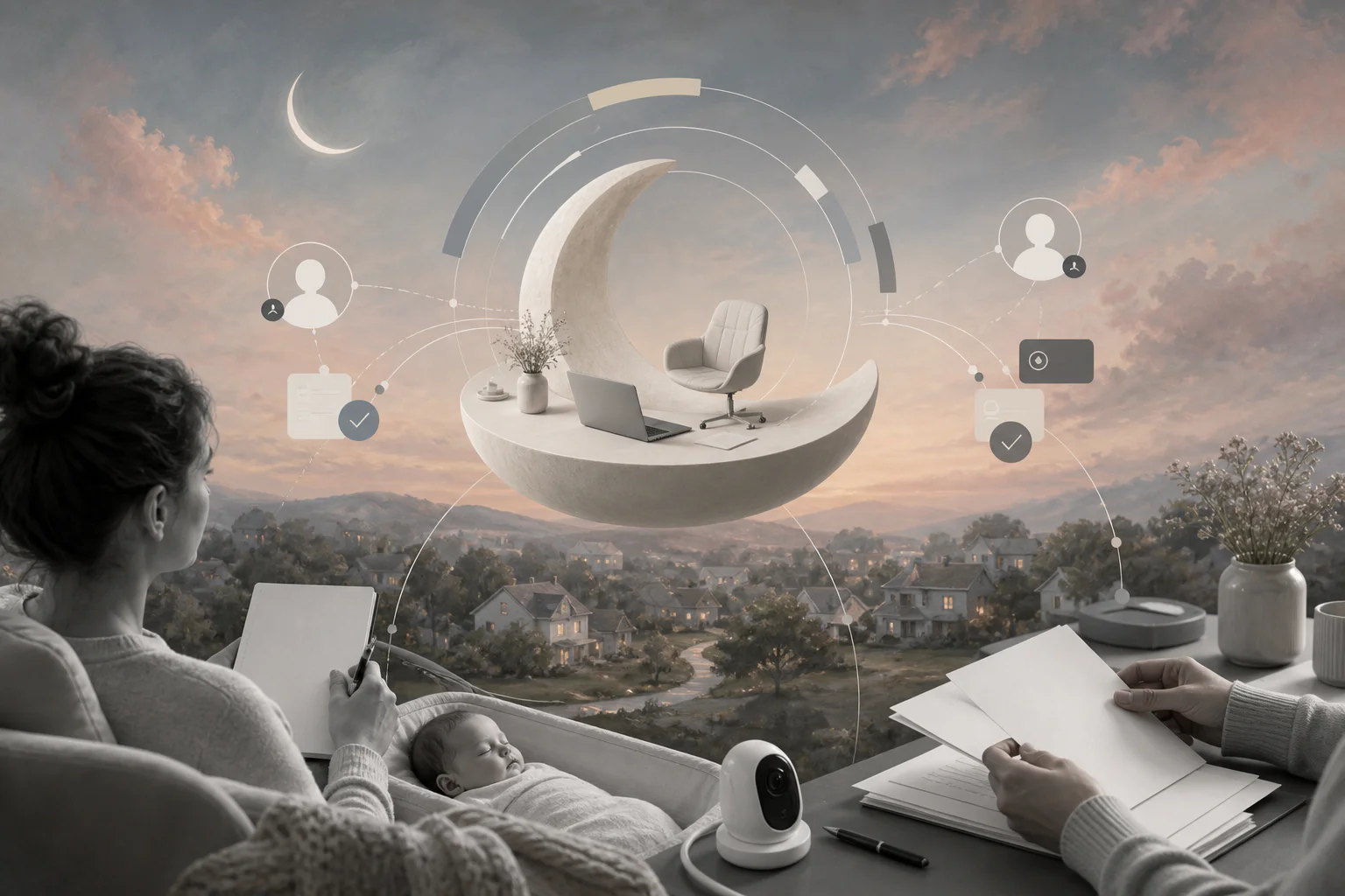Surreal editorial collage for starting a sleep consulting business with no staff
