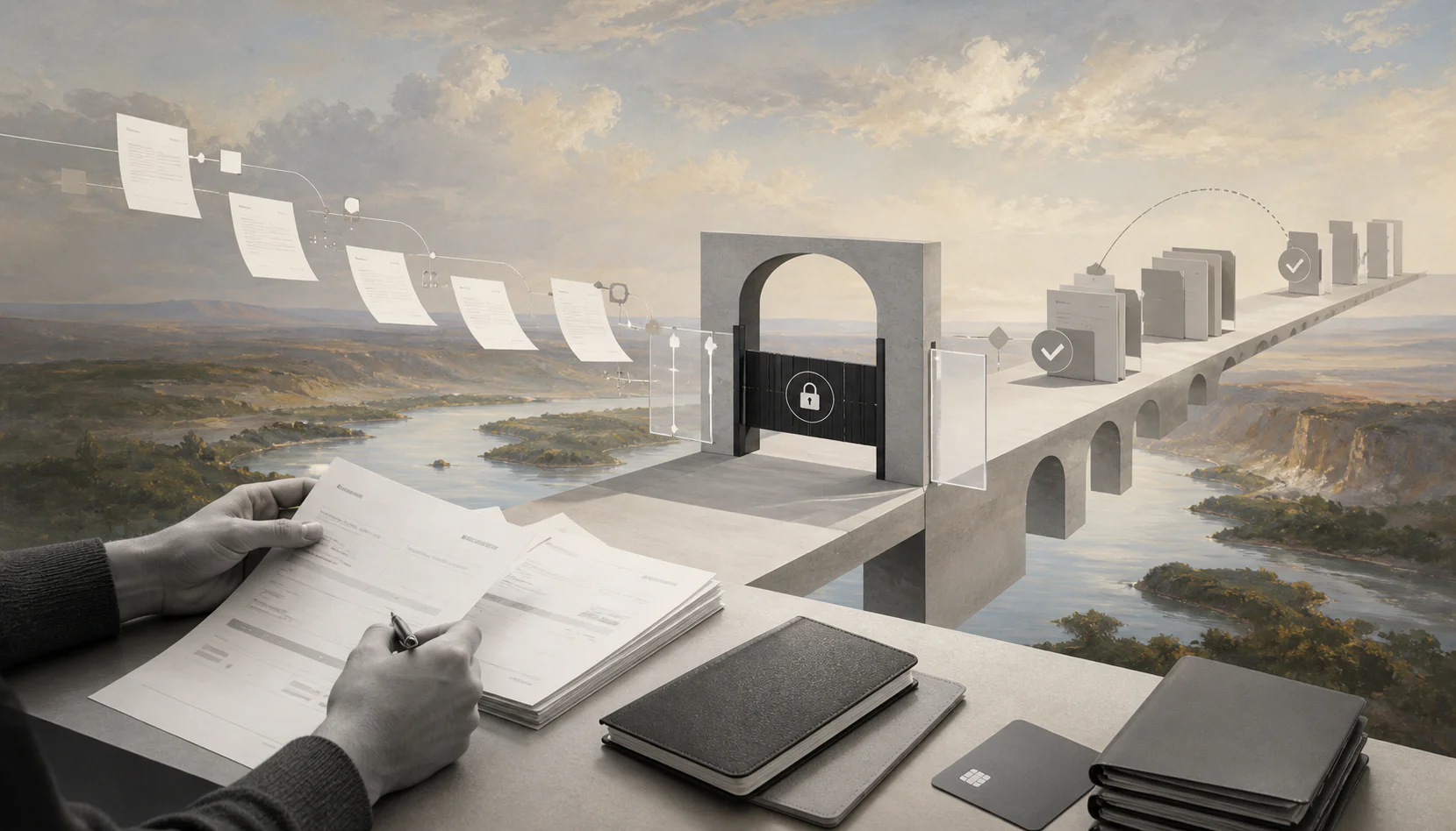 Surreal editorial collage for paying contractors in Argentina