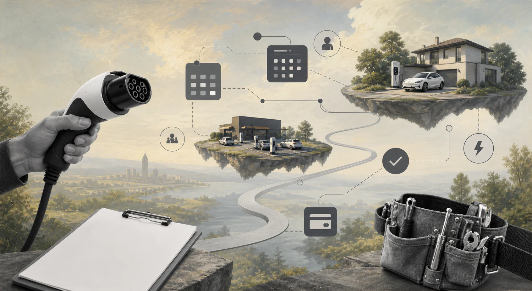 Surreal editorial collage showing EV charging service coordination across homes and commercial sites