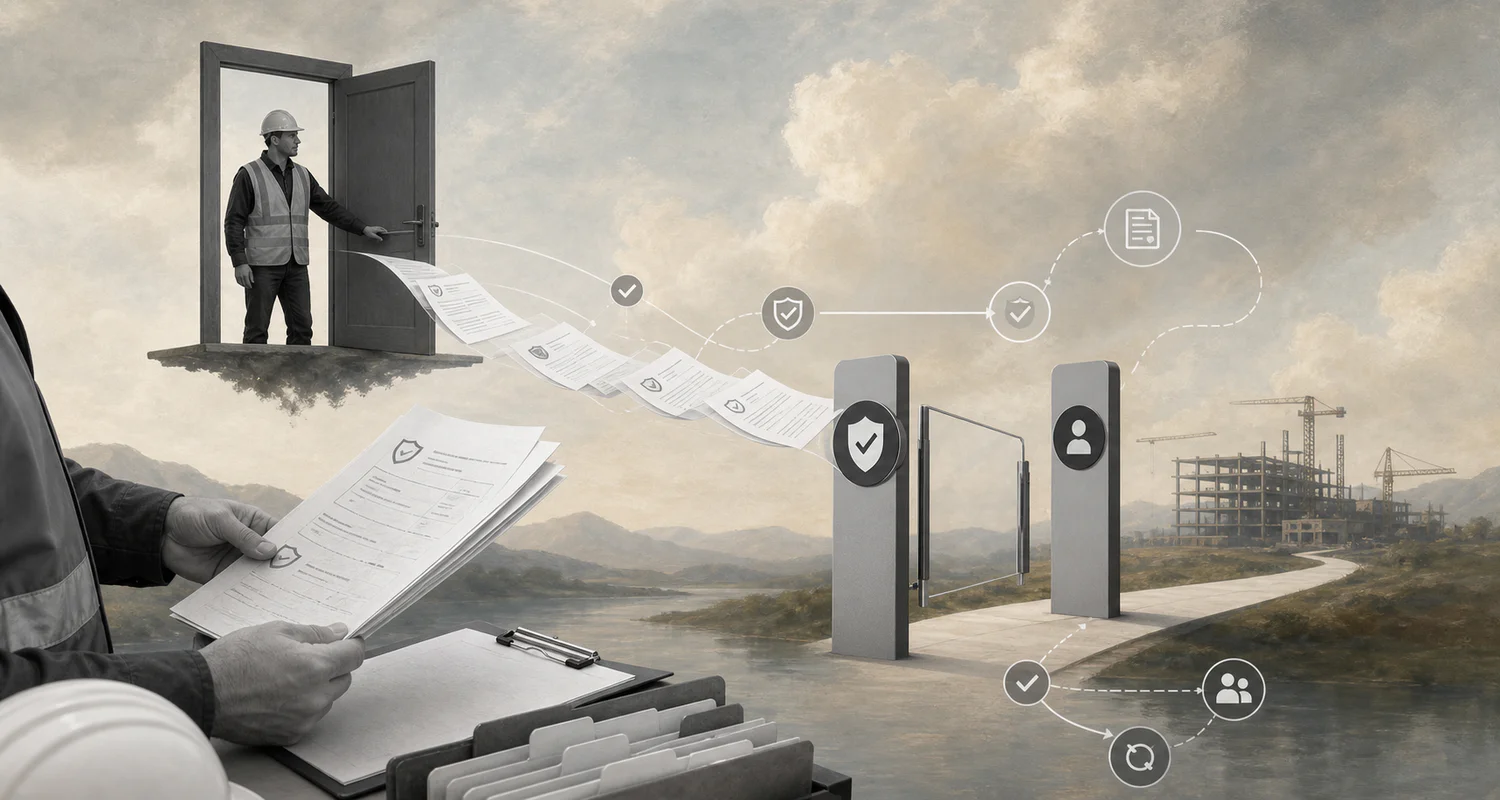Surreal editorial collage about contractor certificate of insurance tracking