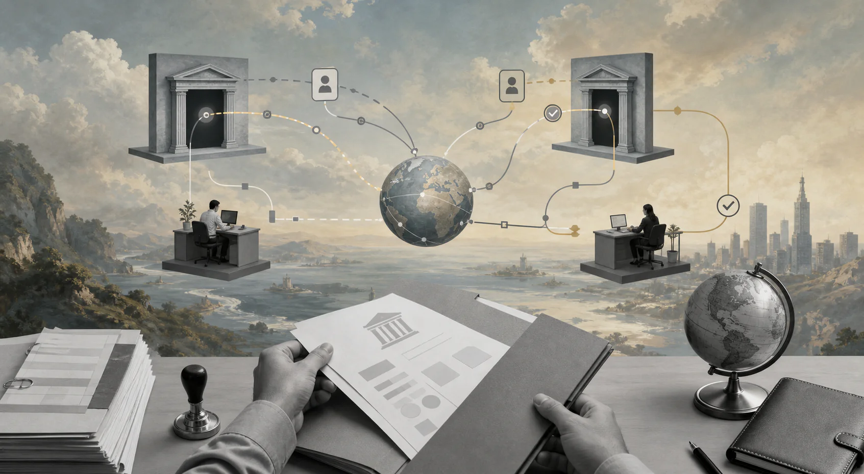 Surreal editorial collage showing international vendor payment routing