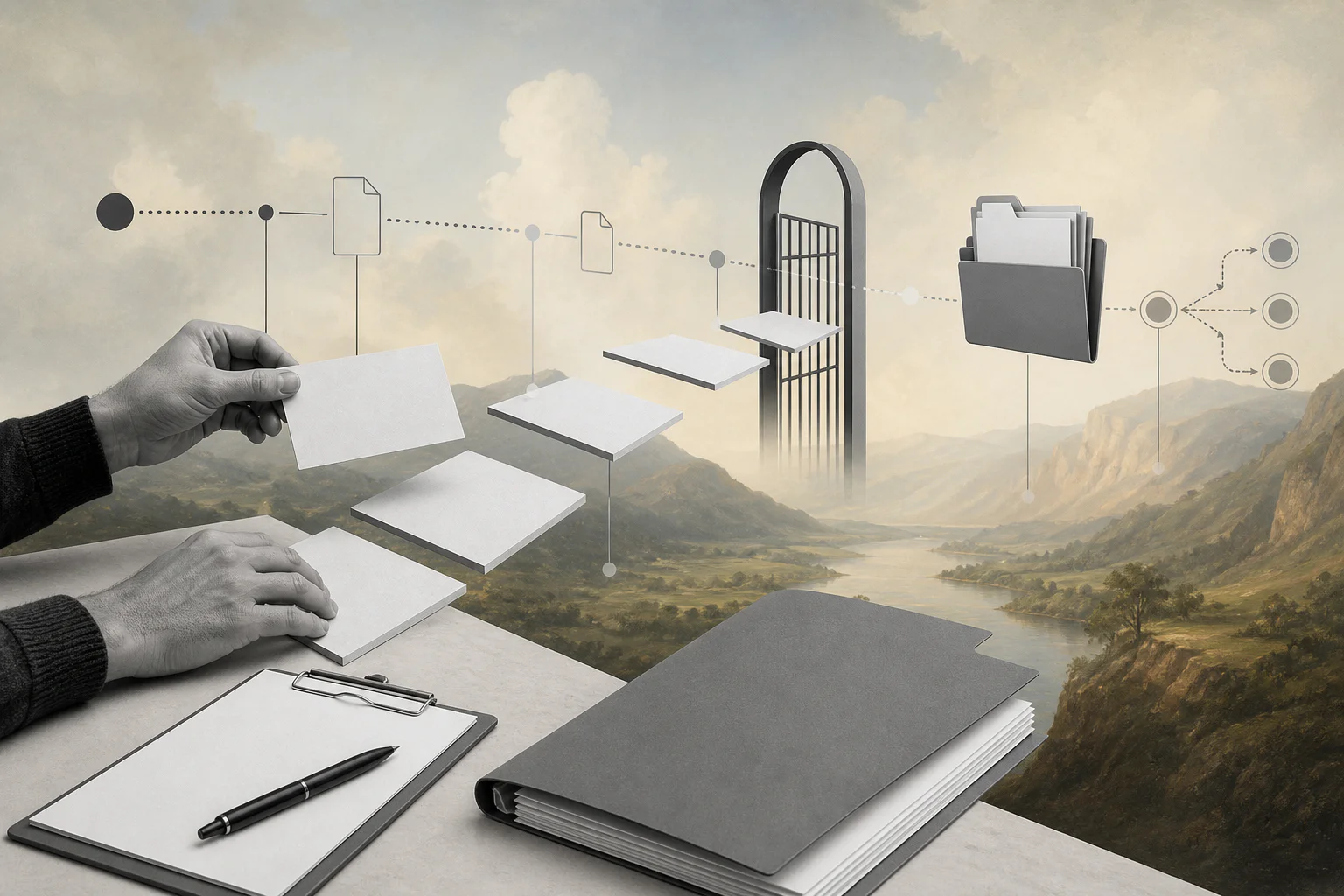 Surreal editorial collage representing freelance rate card approvals and payment readiness