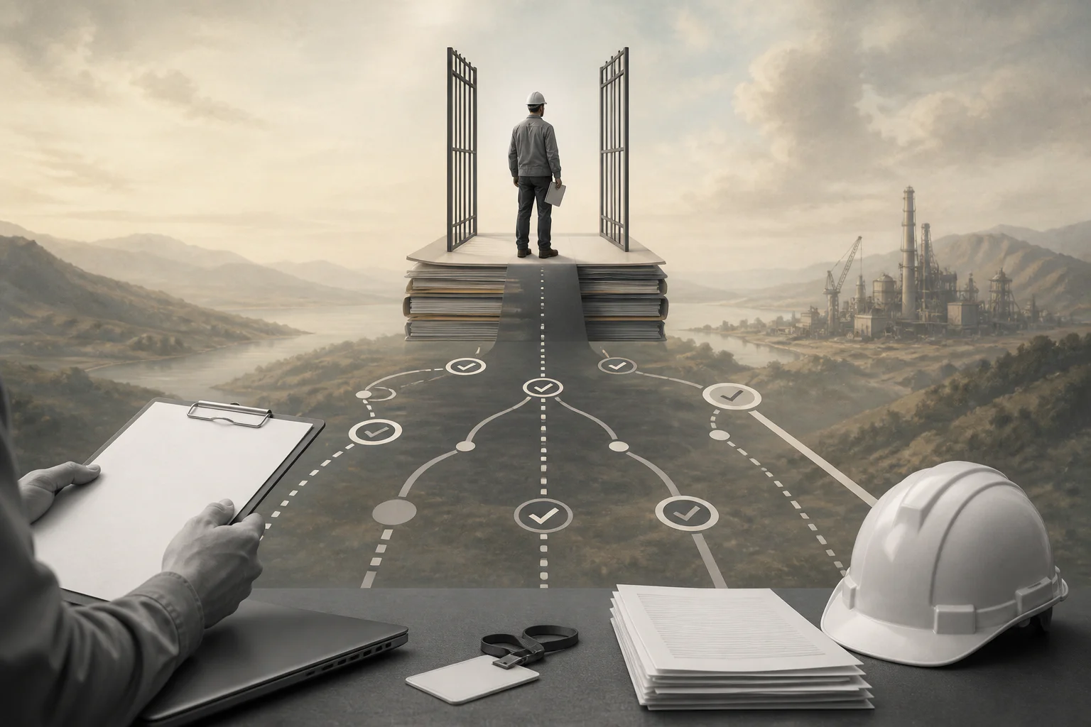 Surreal editorial collage showing a contractor readiness gate before work starts