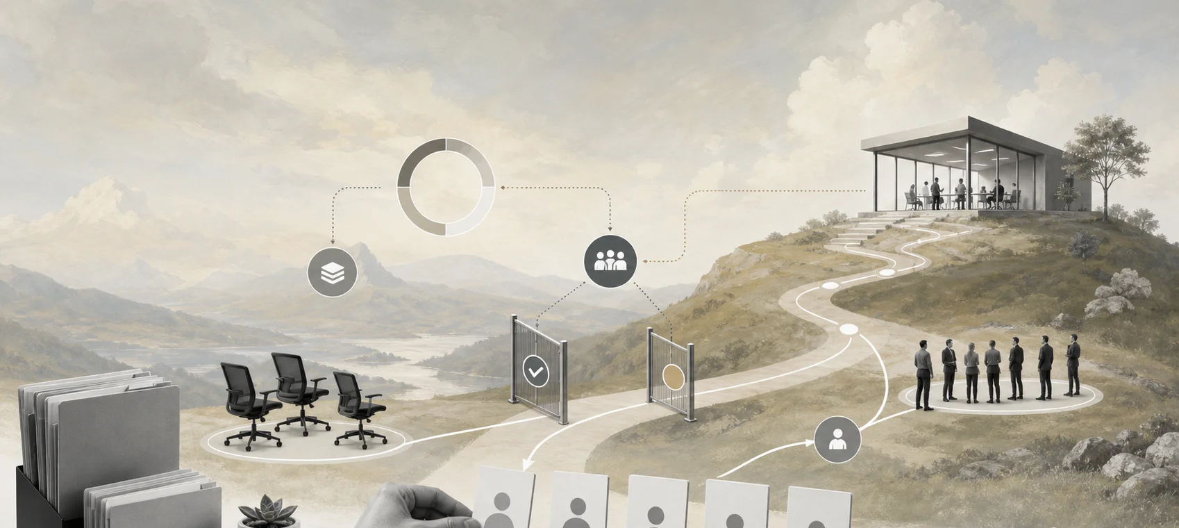 Surreal editorial collage showing a headcount planning approval path