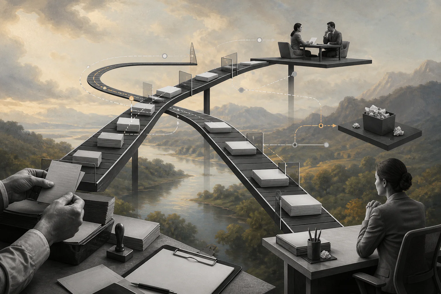 Surreal editorial collage representing AI workflow queue management