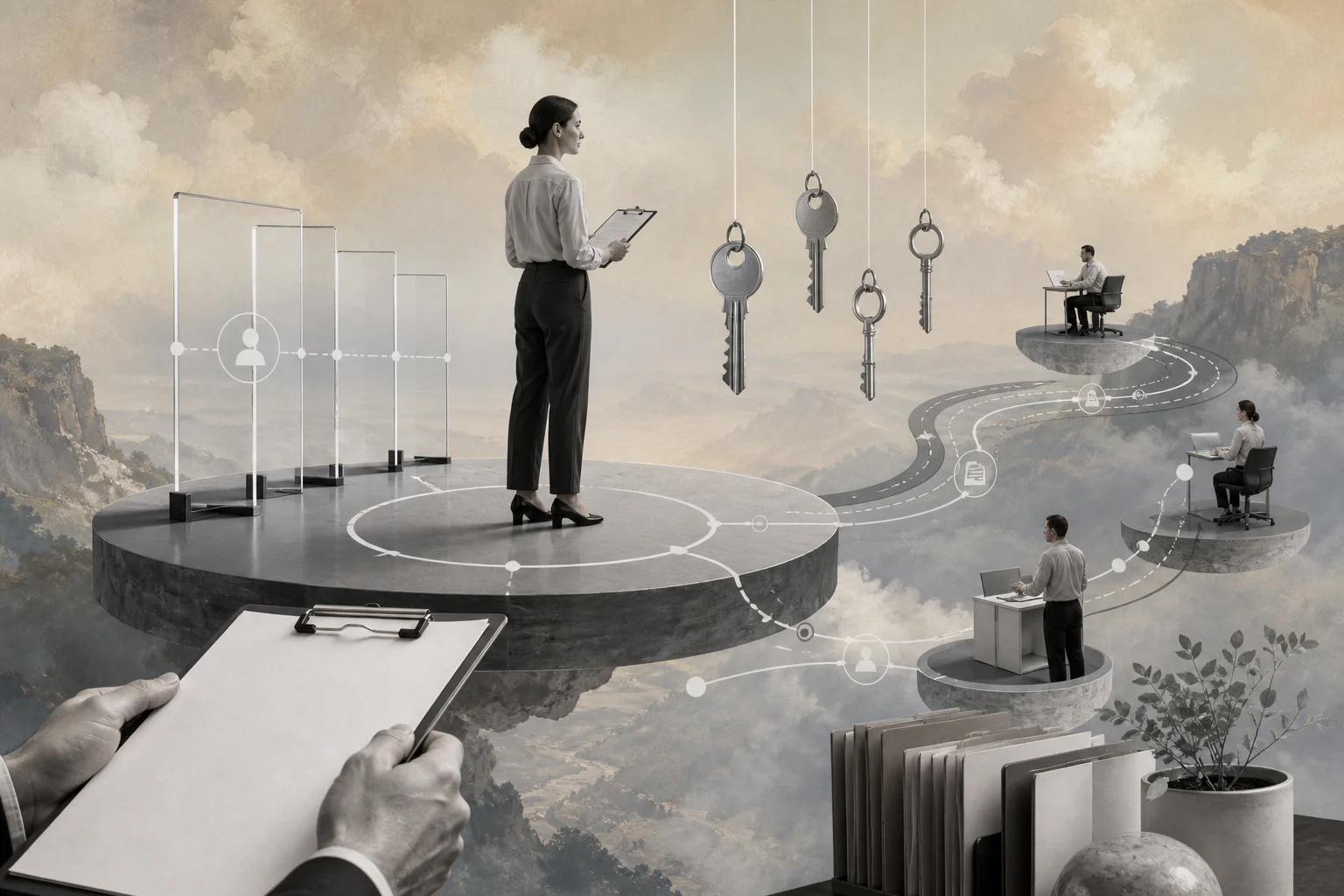 Surreal editorial collage representing AI access review workflow and permission boundaries for business automation