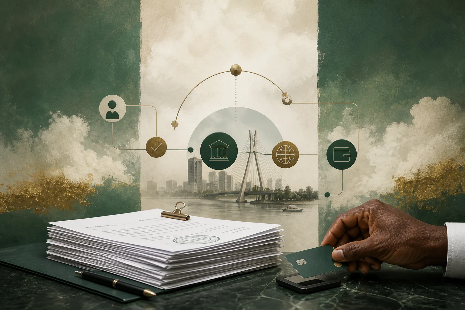 Surreal editorial collage representing Nigerian contractor payment workflows, approvals, FX controls, and reconciliation