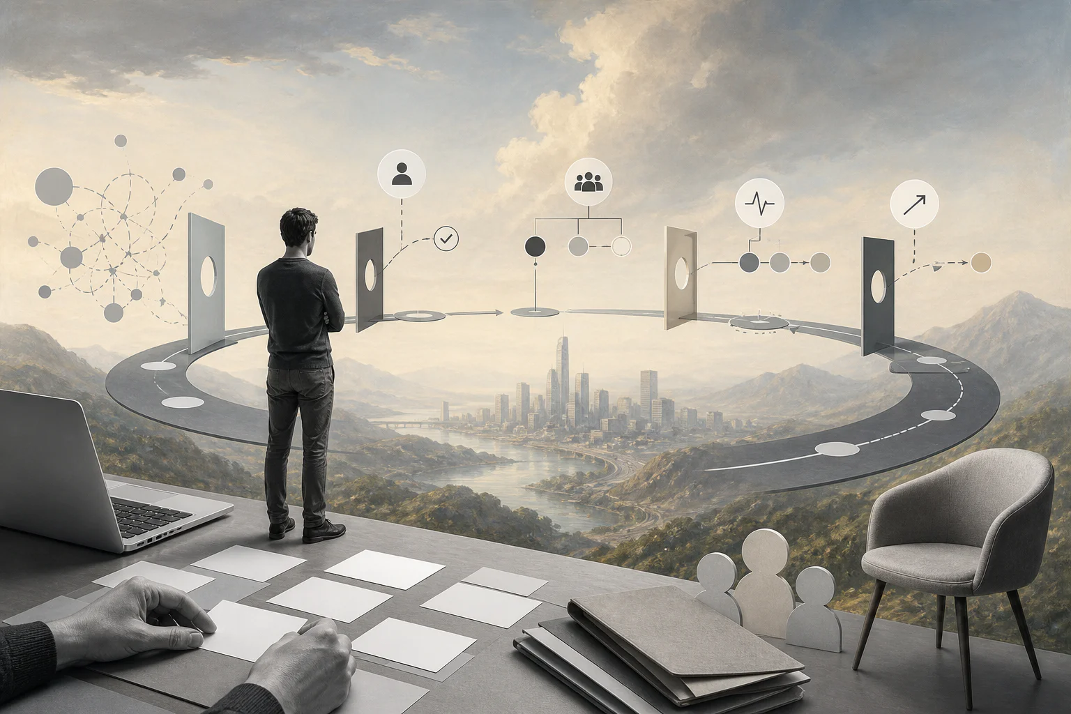 Surreal editorial collage representing a customer success consulting operating system