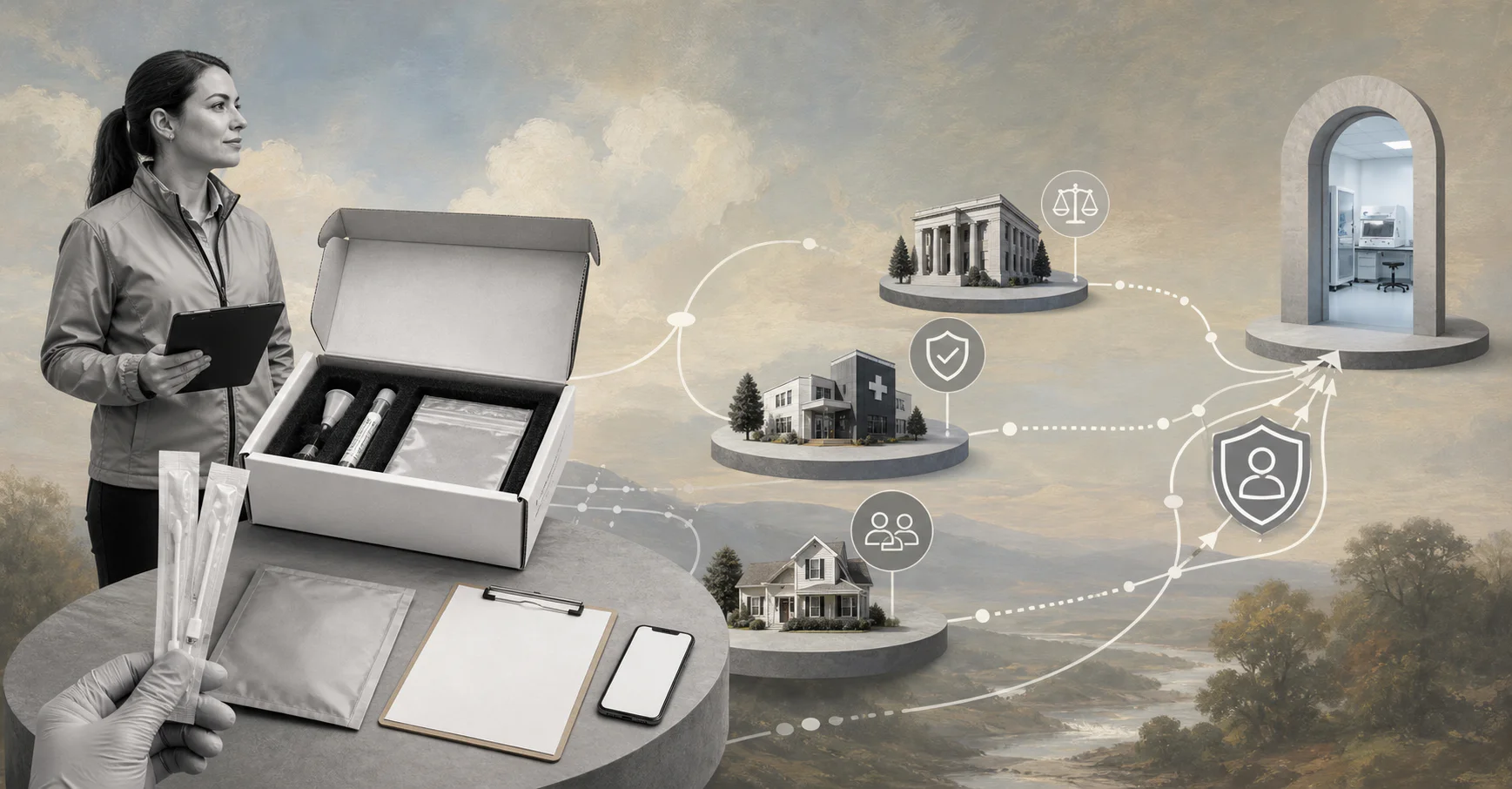 Surreal editorial collage for a mobile DNA testing business startup guide