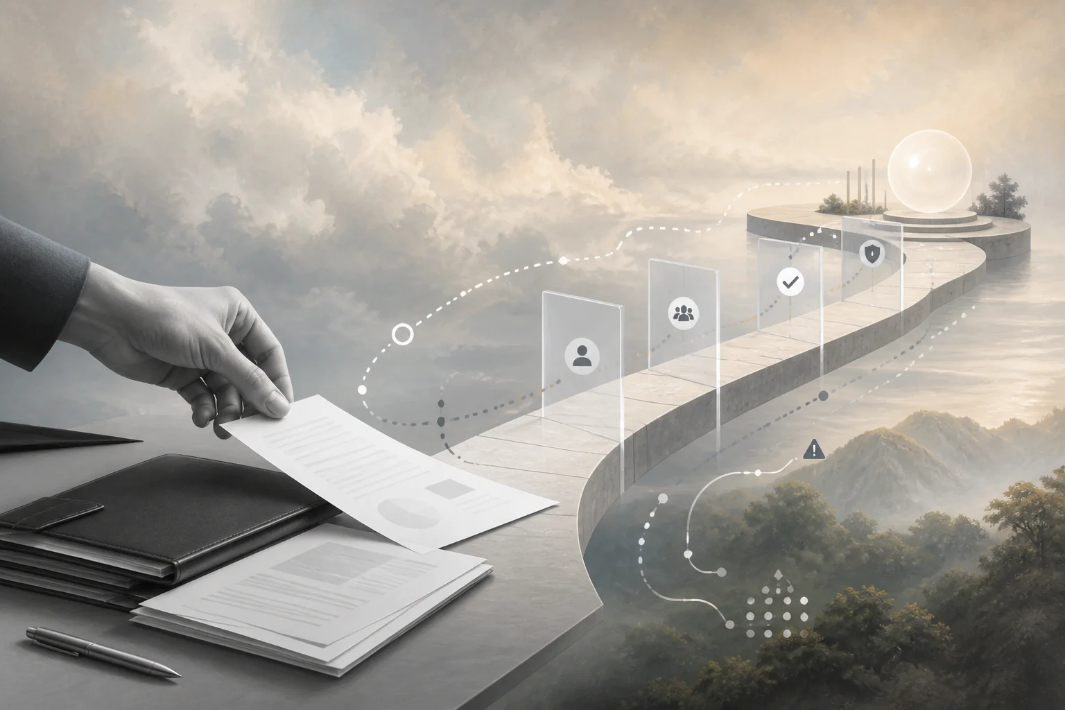 Surreal editorial collage showing AI-assisted customer onboarding workflow