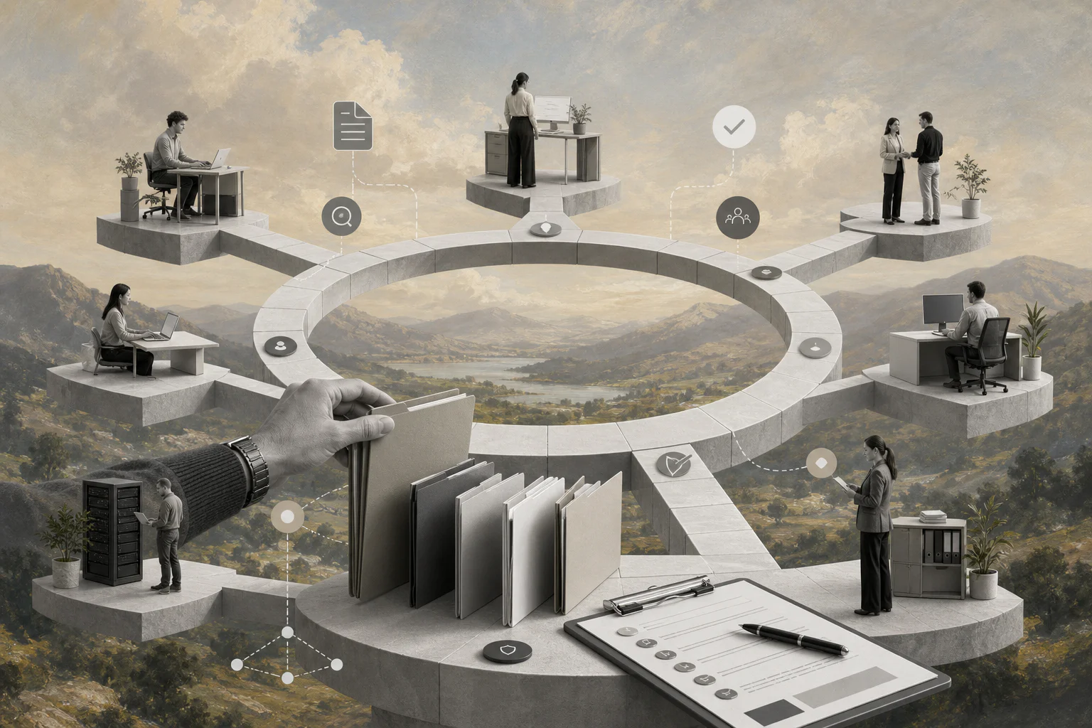 Surreal editorial collage about an external workforce operating model