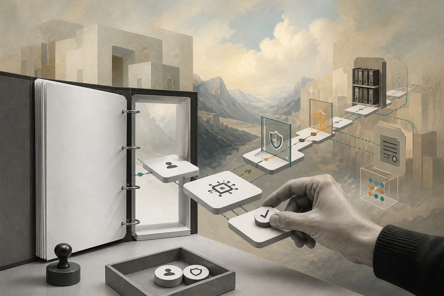 Surreal editorial collage about turning SOPs into AI-agent workflows