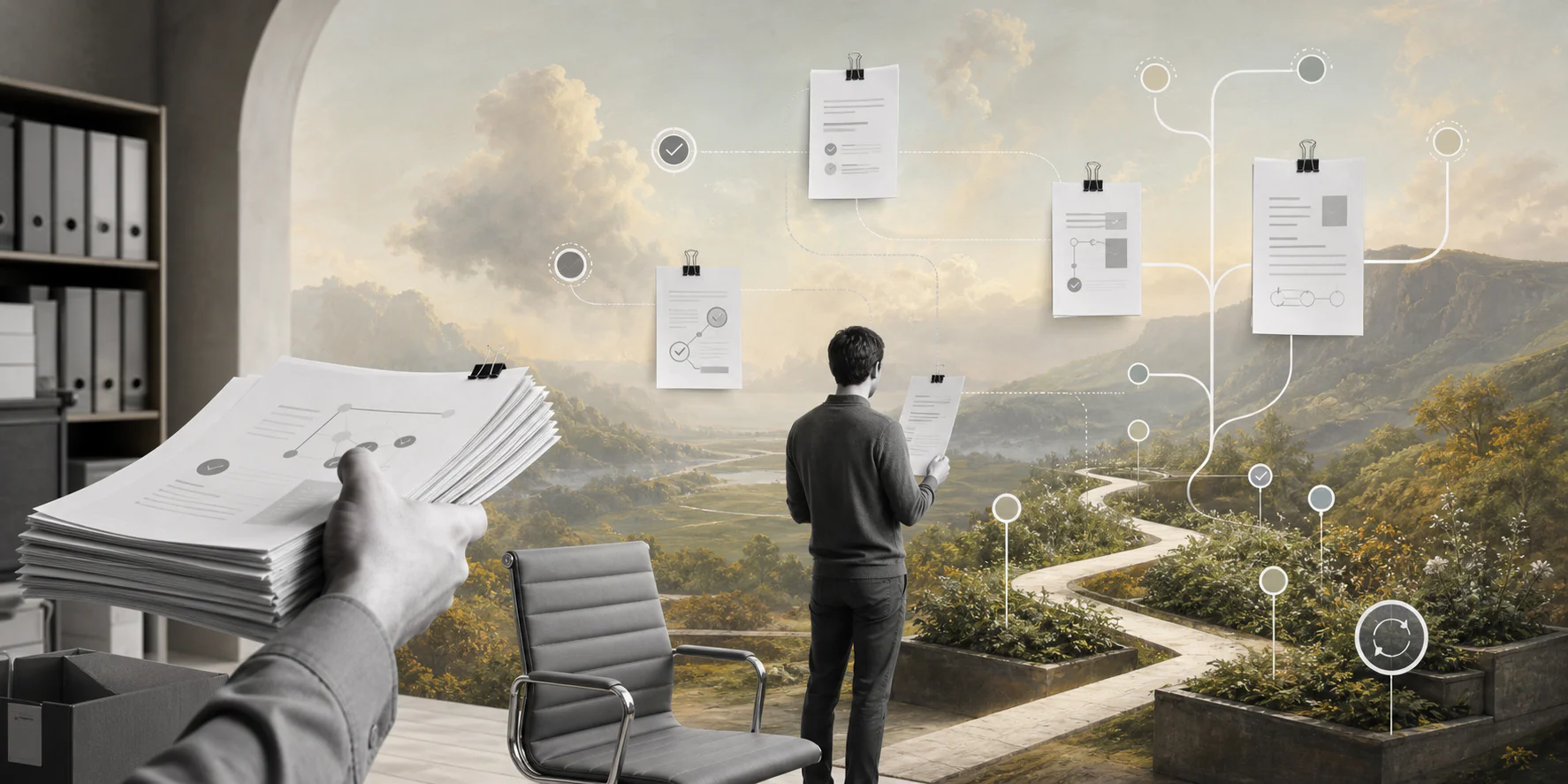 Surreal editorial collage about keeping standard operating procedures updated