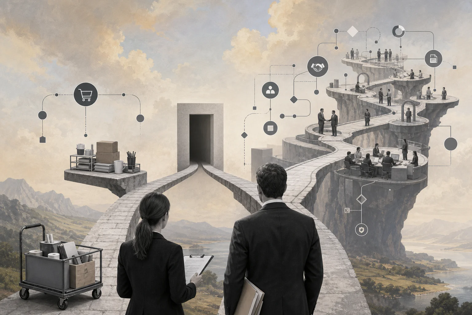 Surreal editorial image showing vendor and supplier relationship paths