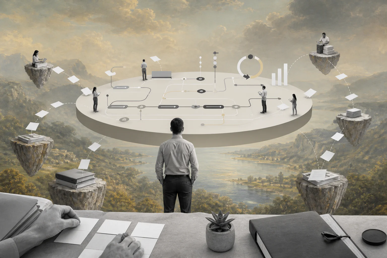 Surreal editorial image about business process management examples for operations
