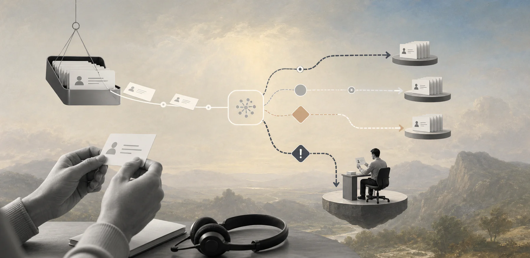 Surreal editorial collage showing AI ticket triage workflow paths for customer support