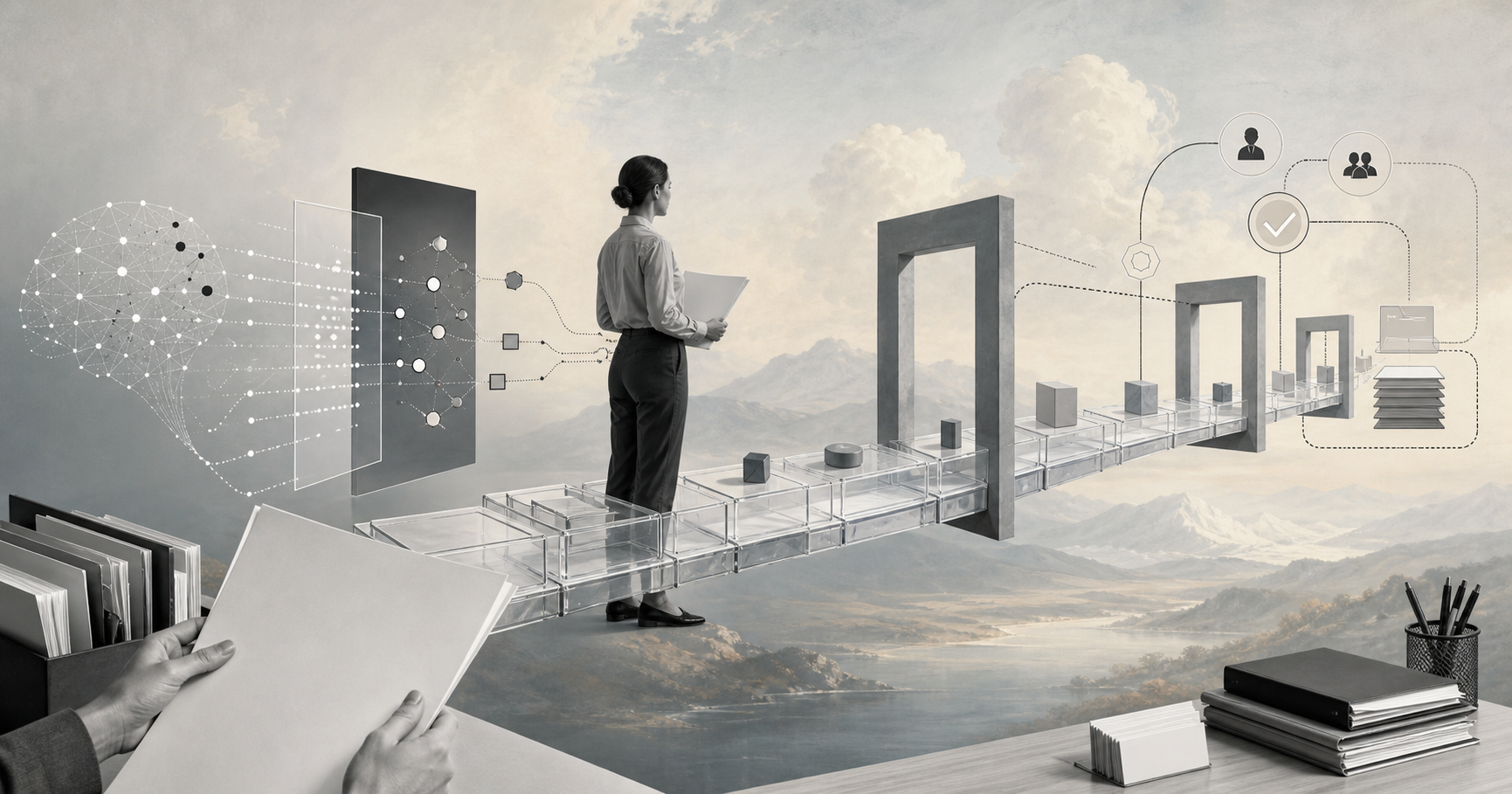 Surreal editorial collage showing structured AI data contracts connecting model output to business workflows
