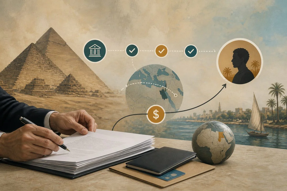Editorial collage for paying contractors in Egypt as a business