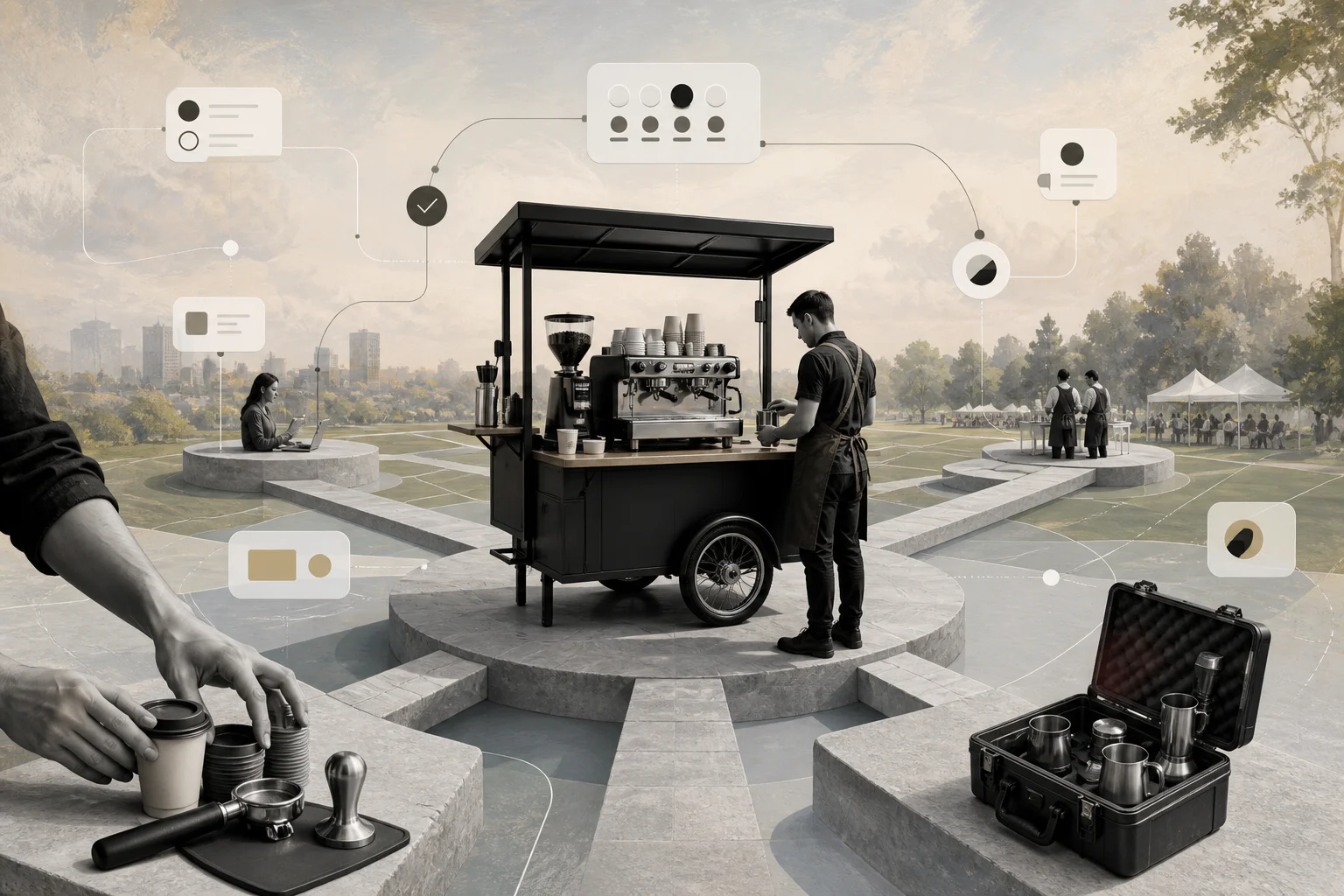 Surreal editorial collage representing a mobile coffee cart operating platform