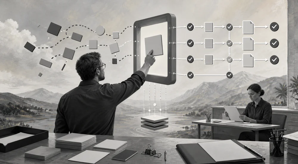 Surreal editorial collage about completion criteria, approvals, evidence, handoffs, and documentation