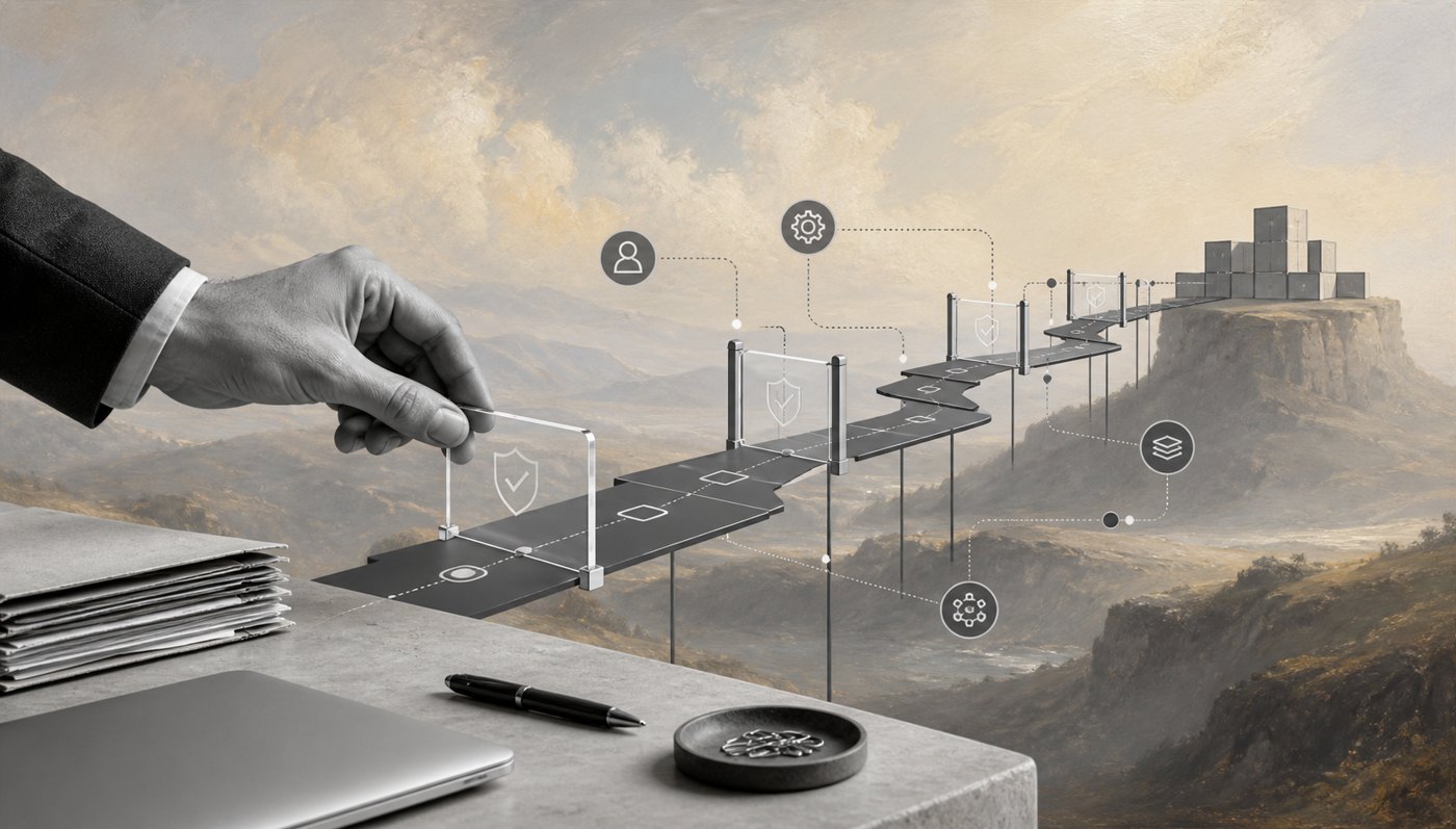 Surreal editorial collage showing guardrails around an AI workflow before it reaches business systems.