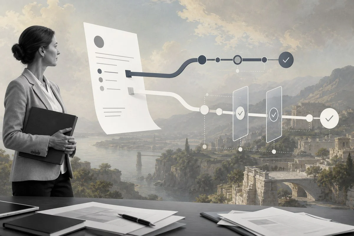 Surreal editorial collage for How to Manage Agency Scope Creep With Approvals