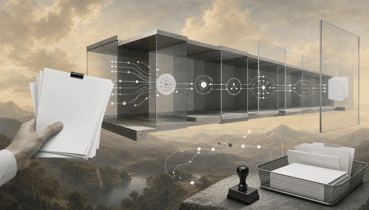 Surreal editorial collage showing blank business documents moving through an AI document processing workflow