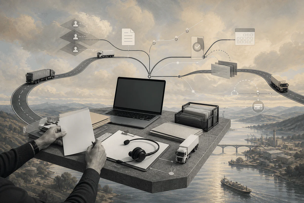 Surreal editorial collage representing a freight dispatch business operating platform