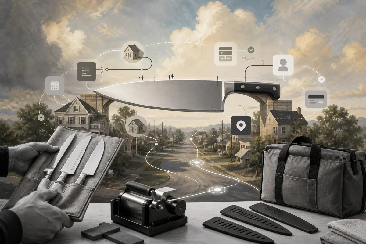Surreal editorial collage about launching a knife sharpening business with a lean operating platform