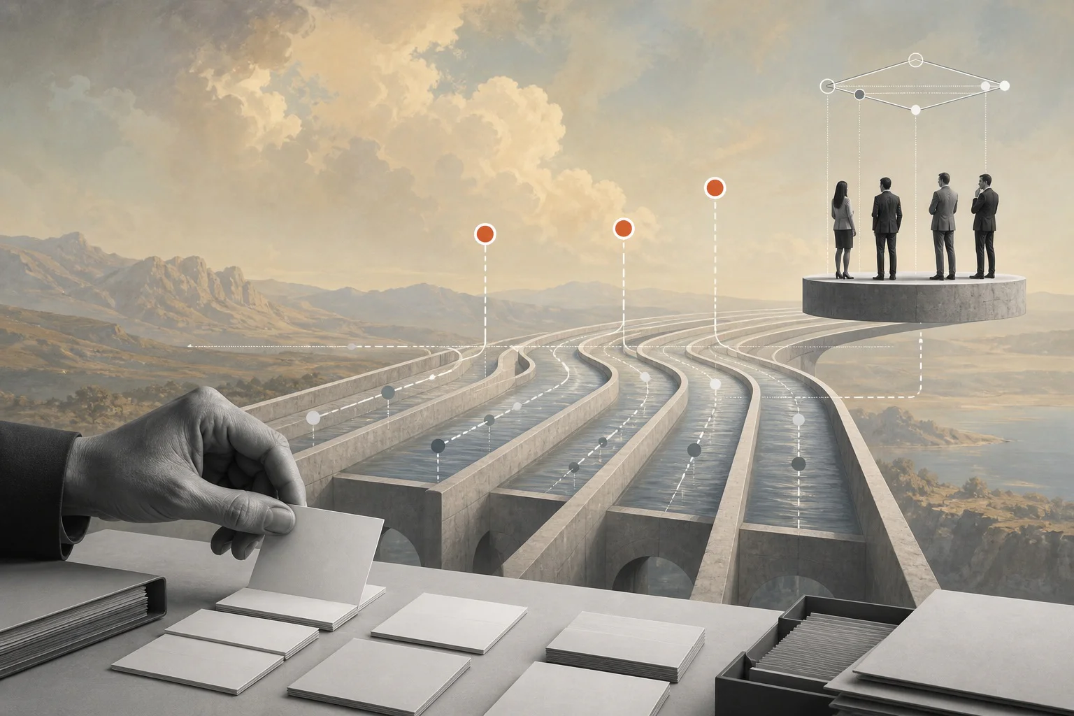 Surreal editorial collage showing routine operations and exception signals