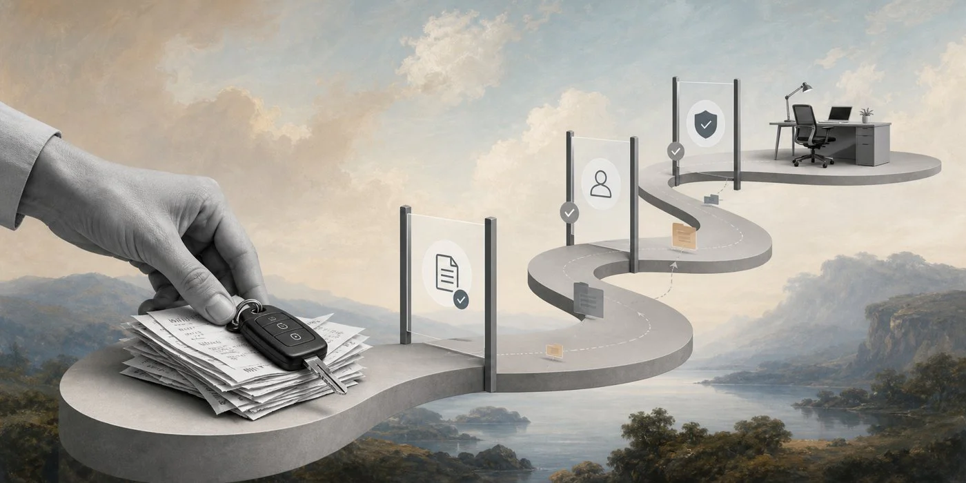 Editorial illustration of mileage reimbursement workflow records and approvals