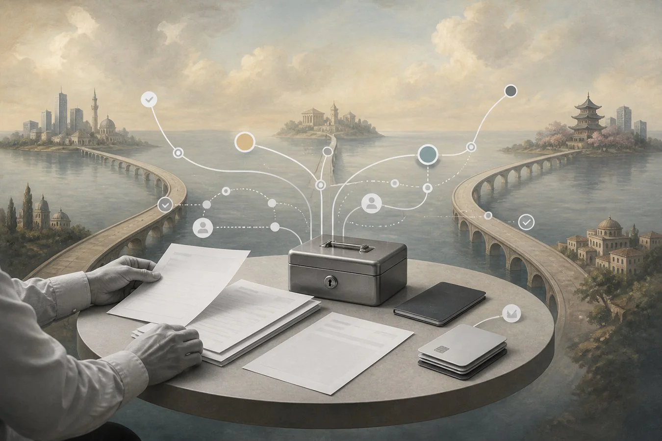 Surreal editorial collage representing multi-currency payment routing for finance teams