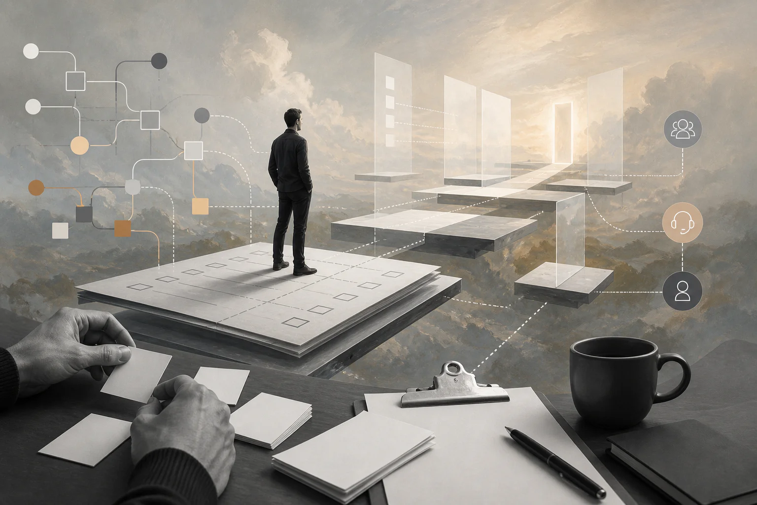 Surreal editorial collage showing operational readiness review paths and launch gates