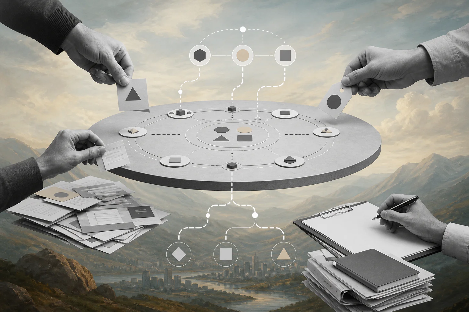 Surreal editorial collage representing an operational risk register workflow