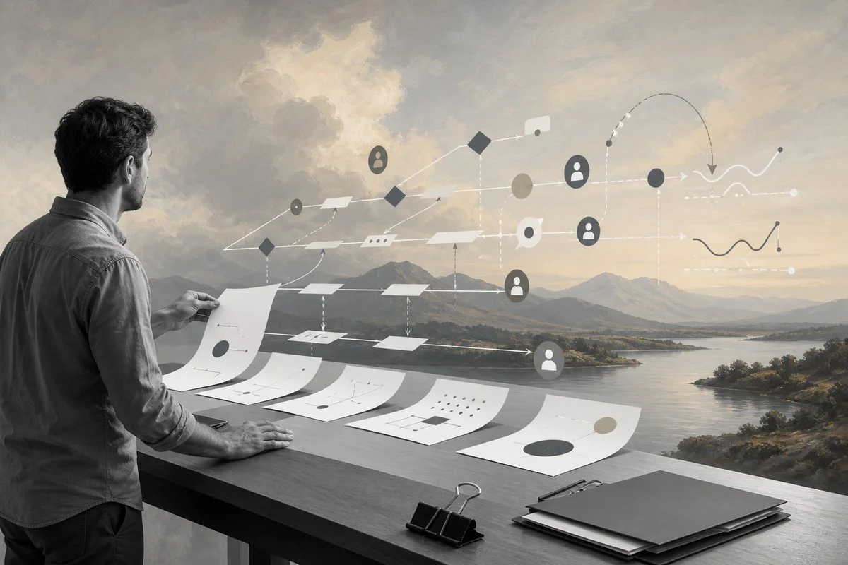 Surreal editorial image for an operations playbook template becoming a live work system