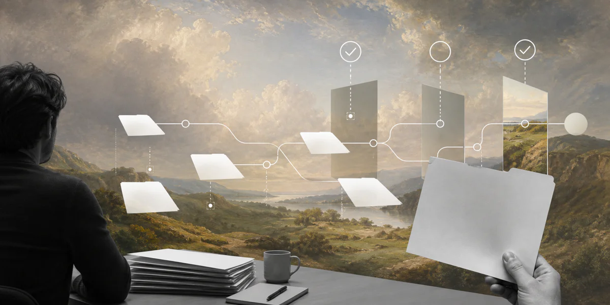 Surreal editorial collage about validating project assumptions in operations